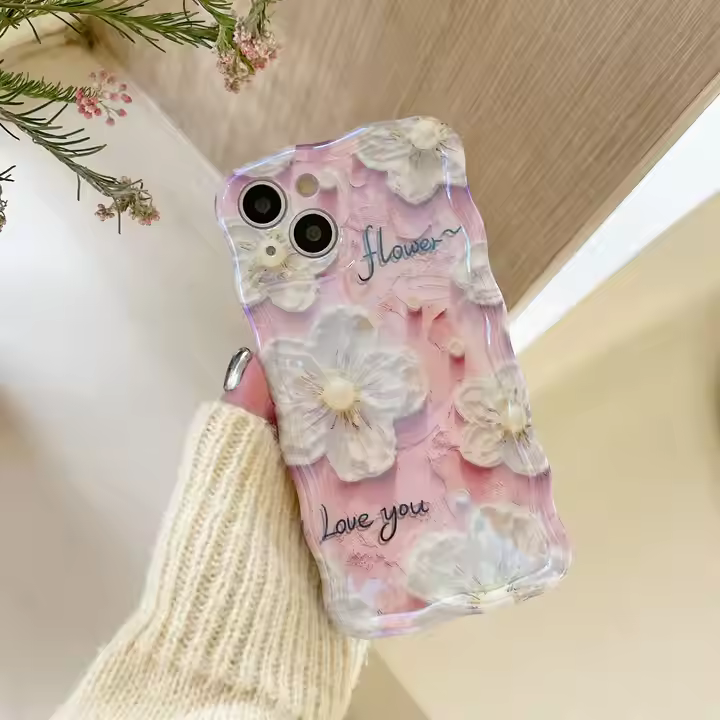 Purple White Daisy Floral Flowers Holographic soft silicone iPhone Cases For 14 15 Pro Plus Pro Max PINK