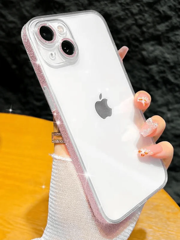Glitter Frame Tempered Glass Basic Sleek iPhone Cases For 15 14 13 Pro Pro Max PINK