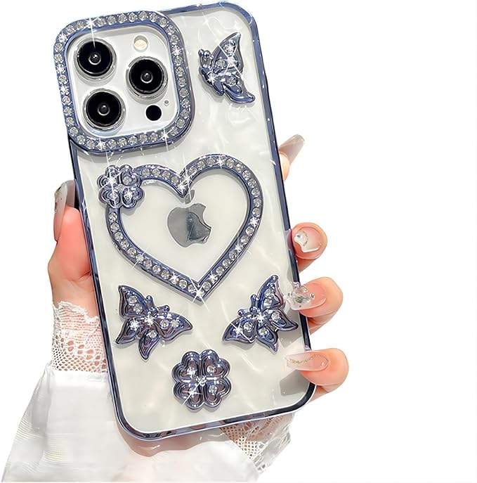Color full Butterfly Diamond iPhone Cases For 15 16 Plus Pro ProMax BLUE