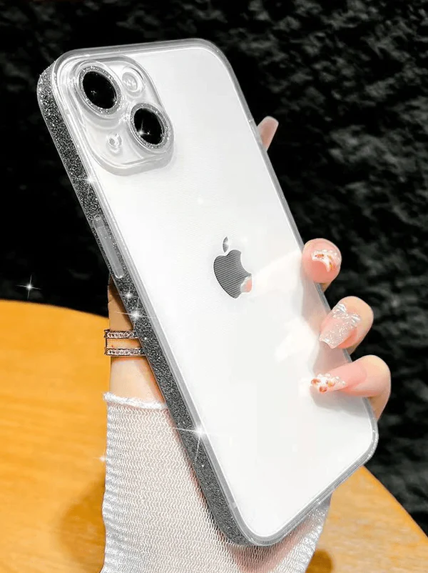 Glitter Frame Tempered Glass Basic Sleek iPhone Cases For 15 14 13 Pro Pro Max BLACK
