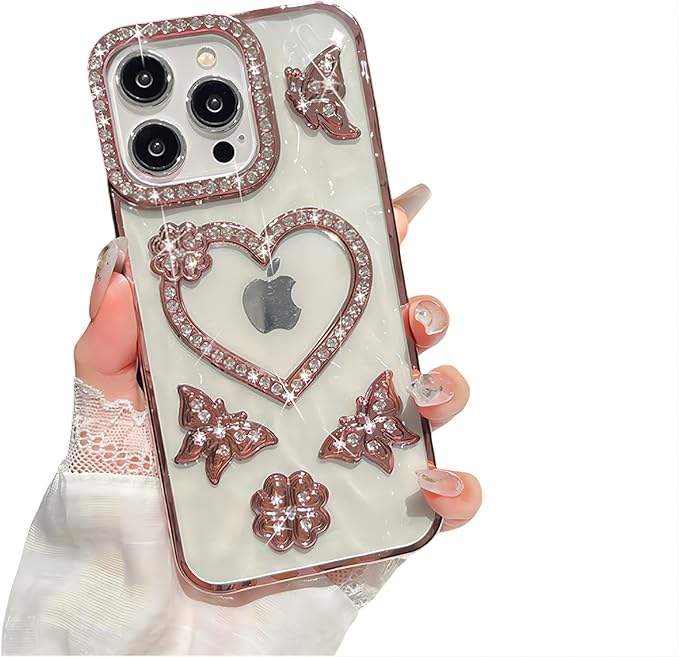 Color full Butterfly Diamond iPhone Cases For 15 16 Plus Pro ProMax ROSE GOLD