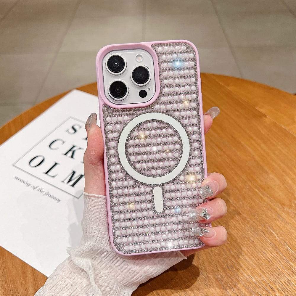 Shining Star and Pearl Diamond Magsafe iPhone Cases For 15 14 Plus Pro Pro Max PINK