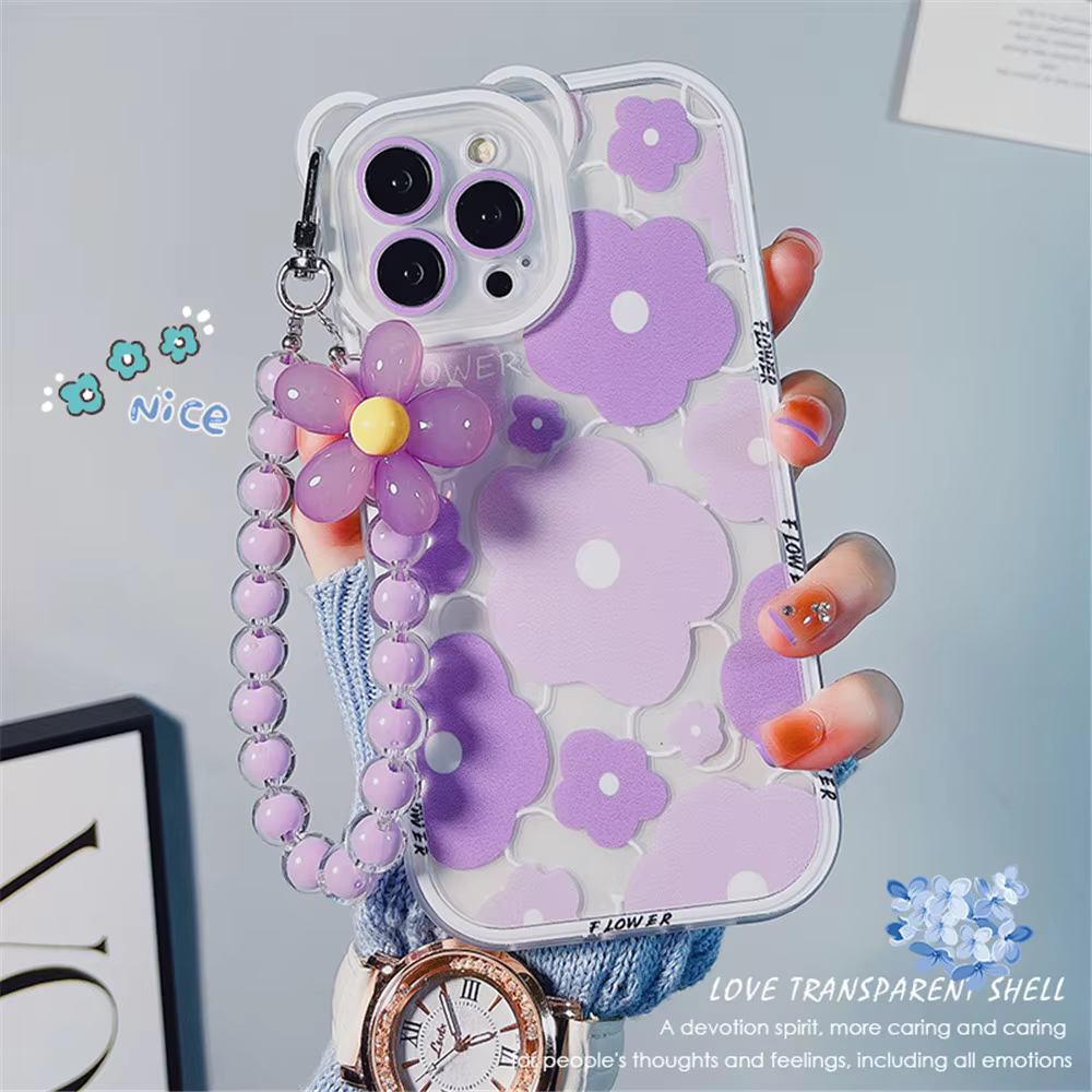 Clear Pink Floral Print With Charm iPhone Cases For 13 14 15 Pro Pro Max PURPLE FLOWER