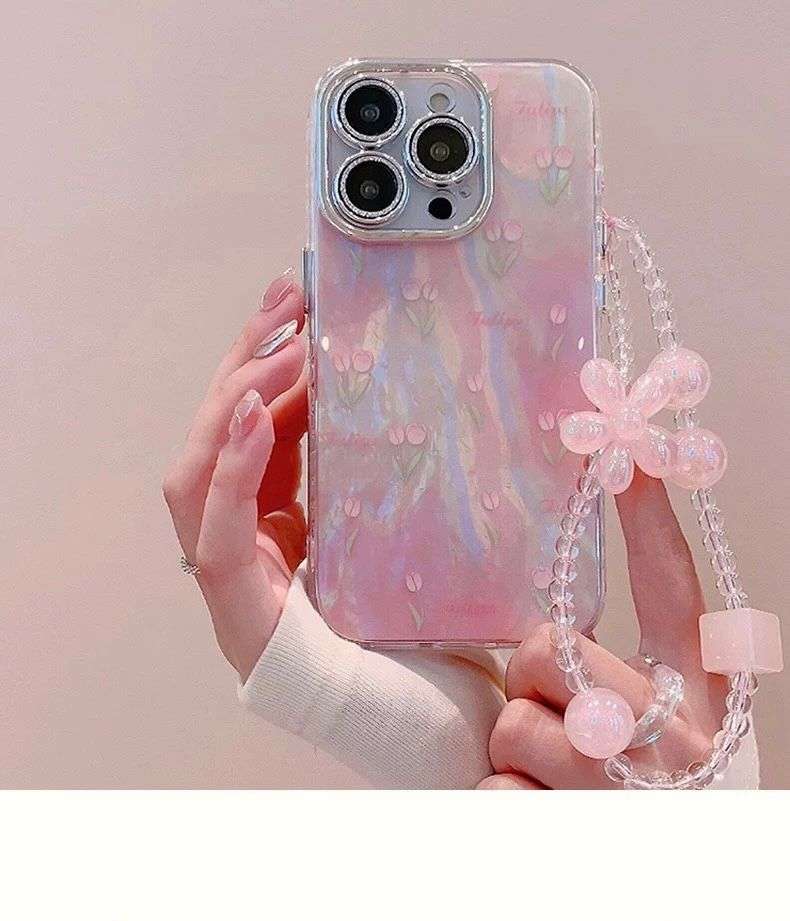 Pink Flower Lens Shimmer with Floral charm iPhone Cases For 15-16 Series Pink glitter