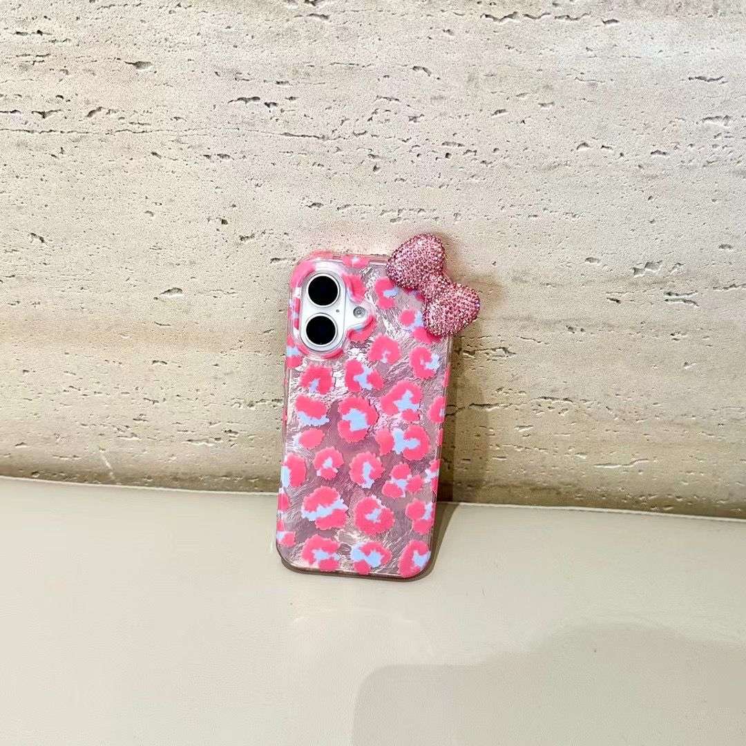 Pink Leopard Diamond Bow iPhone Cases For 16 15 Plus Pro Pro Max PINK