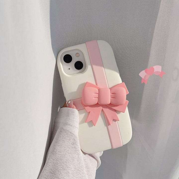 Cute Pink Bow 3D Silicone Rubber White iPhone Cases For 14 15 Pro Plus Pro Max WHITE