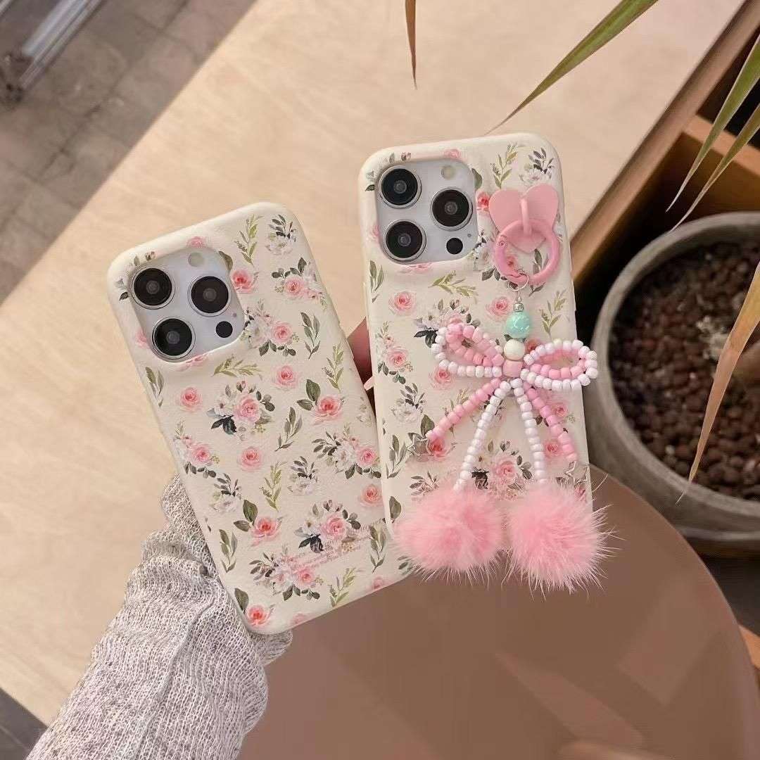 Flower Design Case With Chain Pom Pom iPhone Cases For 15 16 Pro Pro Max FLOWER DESIGN