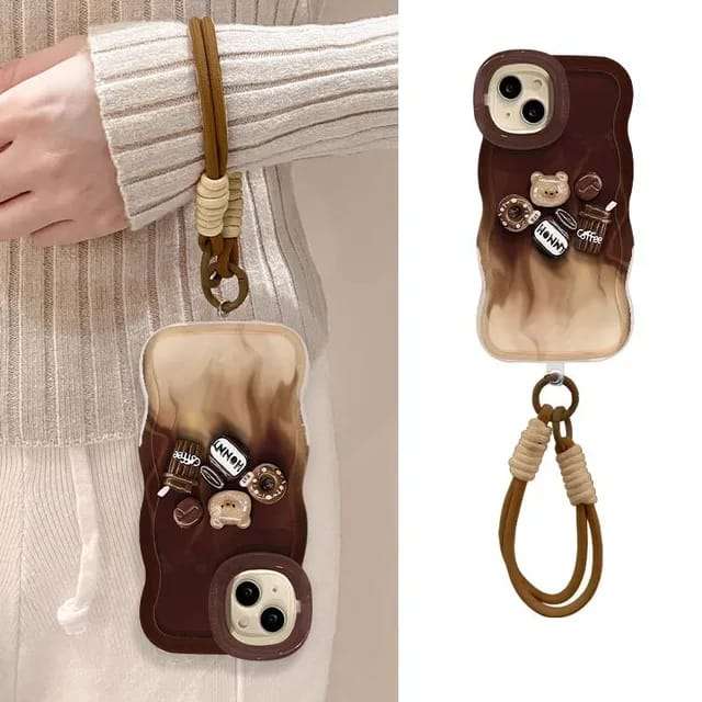 Lanyard Coffee Bear Doll Invisible Holder Bracelet iPhone Cases For 14 15 16 Plus Pro ProMax COFFEE BEAR