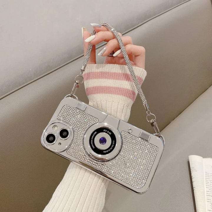 3D Retro Camera Crystal Studded Diamond Handbag Bracelet iPhone Cases For 15 Pro Plus Pro max DIAMOND