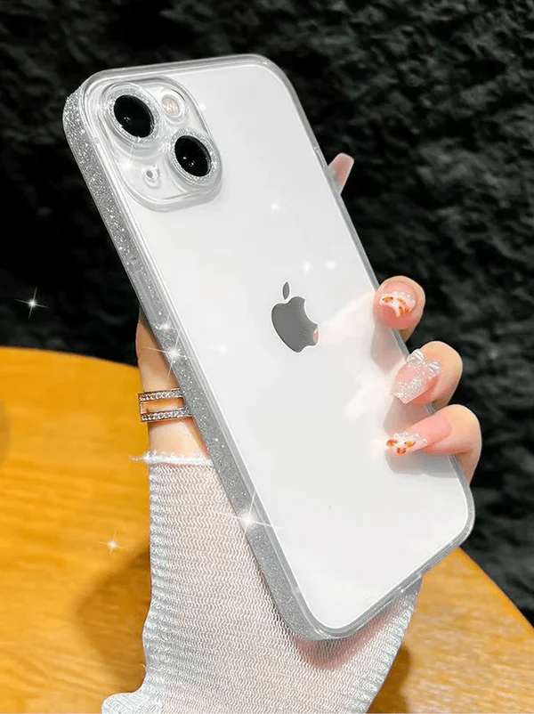 Glitter Frame Tempered Glass Basic Sleek iPhone Cases For 15 14 13 Pro Pro Max SILVER