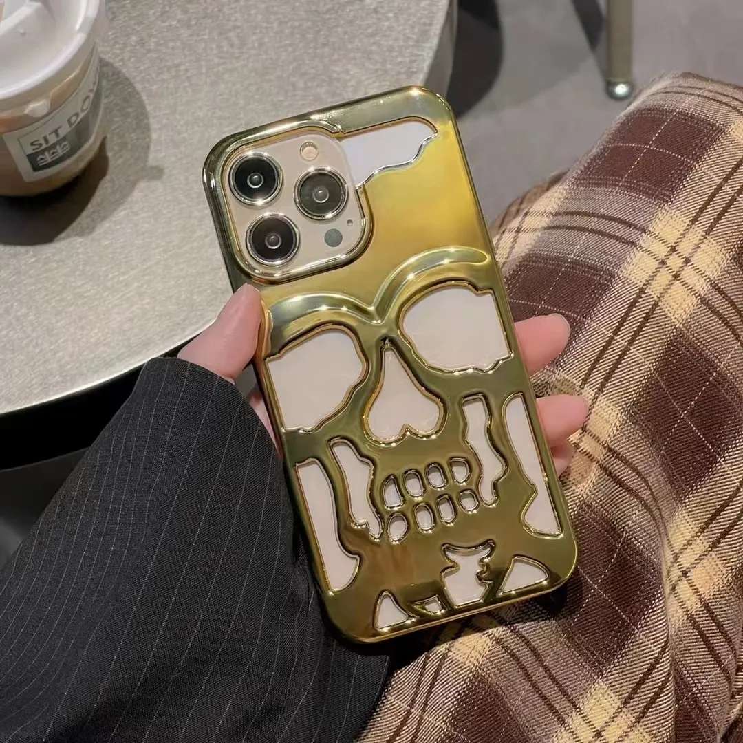 Hollow Skull Design iPhone Cases For 15 14 13 Pro Pro Max GOLDEN