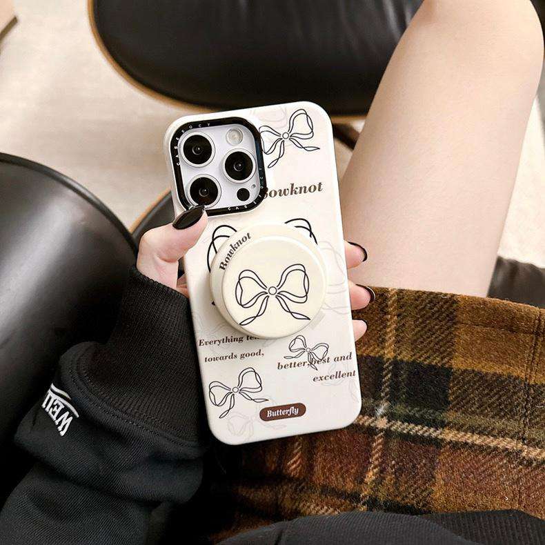 Premium White Bow Magnetic Case with Magnetic Bracket For 16 15 Pro ProMax WHITE