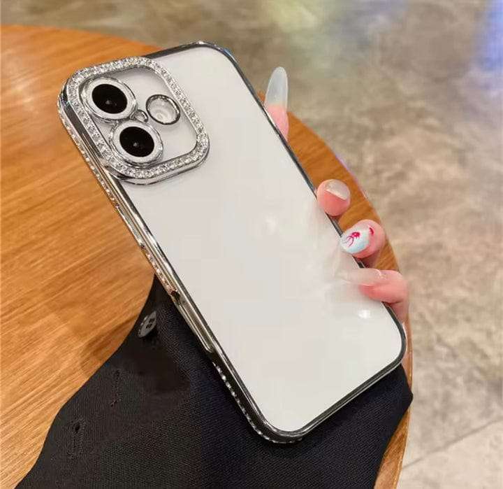 Diamond Studded Bumper Camera Protection iPhone Cases For 14 15 Pro Plus Pro Max SLIVER 