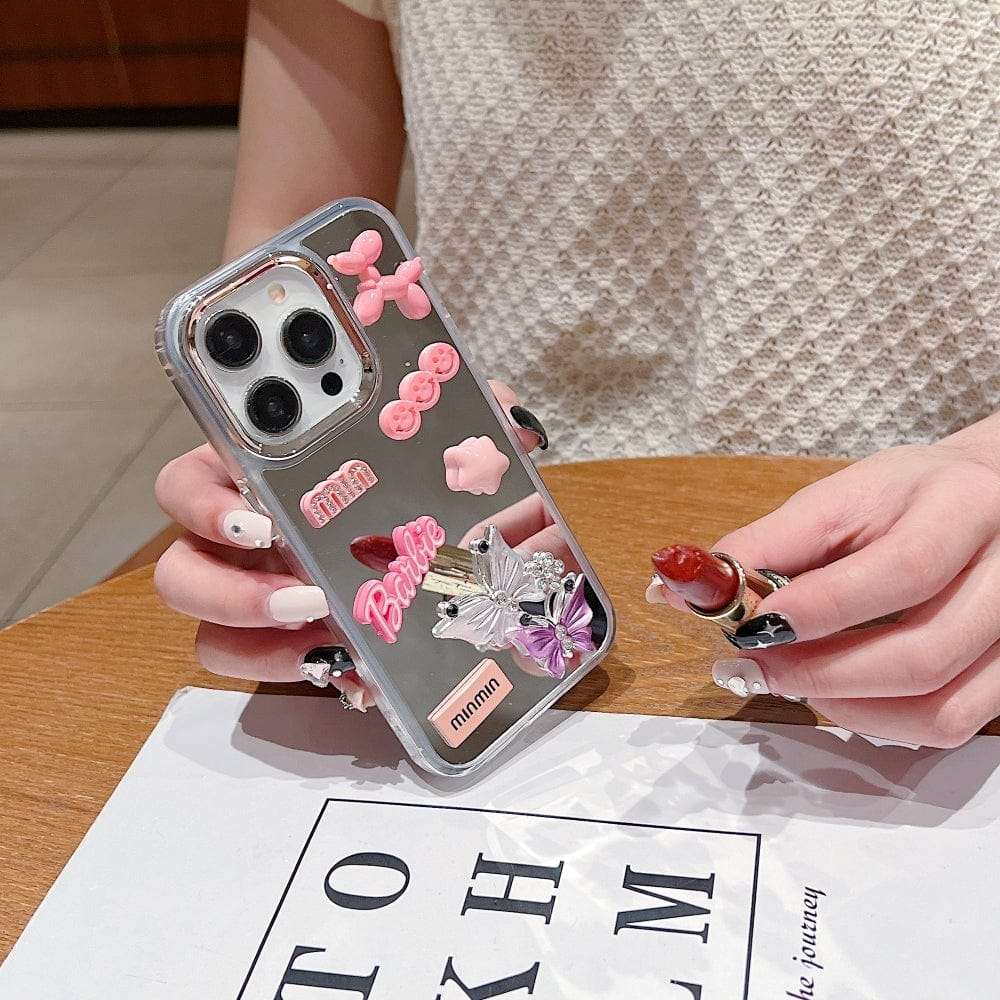 3D Creative Toy Graphic Mirror iPhone Cases For 15 14 Plus Pro Pro Max PINK