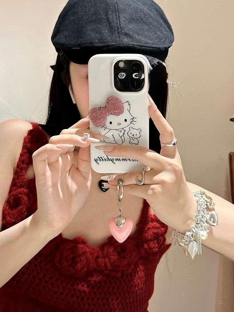 Hello Kitty Diamond Pink Bow iPhone cases with Heart Charm For 16 15 Pro ProMax WHITE