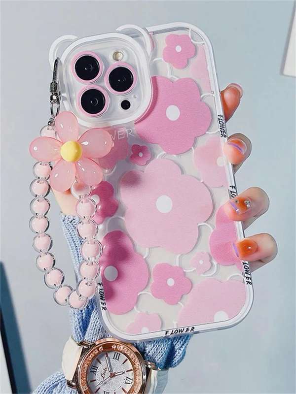 Clear Pink Floral Print With Charm iPhone Cases For 13 14 15 Pro Pro Max PINK FLOWER