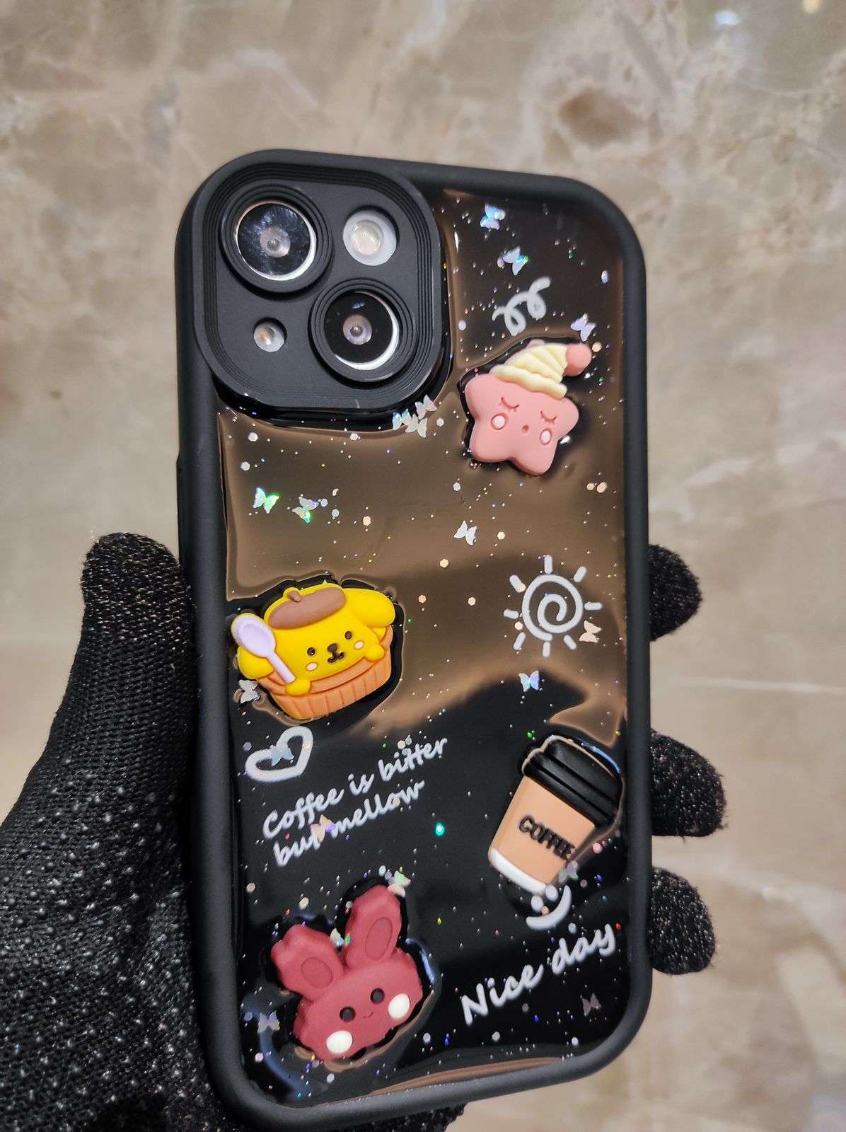 Glue Glittered TPU Case With Toys in Polybag iPhone Cases For 15 14 pro plus pro max BLACK