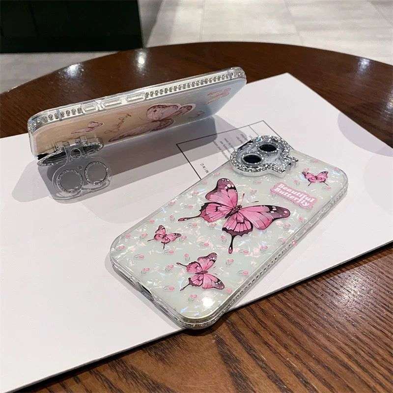 Premium Butterfly iPhone Cases With Diamond Stand For 16 15 14 Pro ProMax WHITE