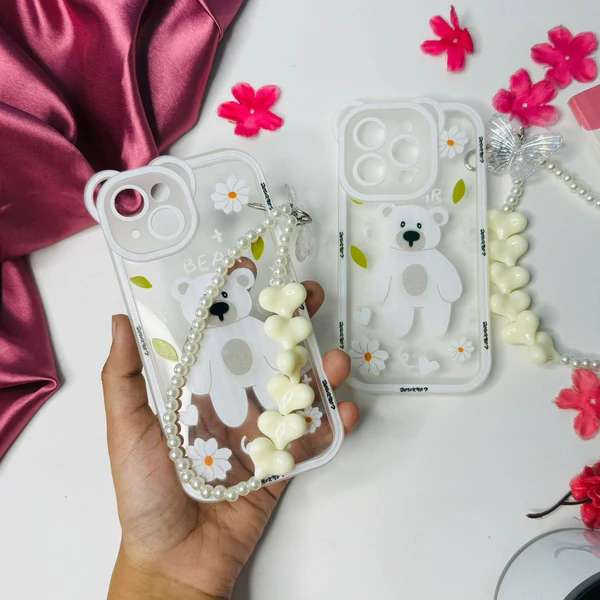 Clear White Teddy Print With Charm iPhone Cases For 13 14 15 Pro Pro Max  WHITE