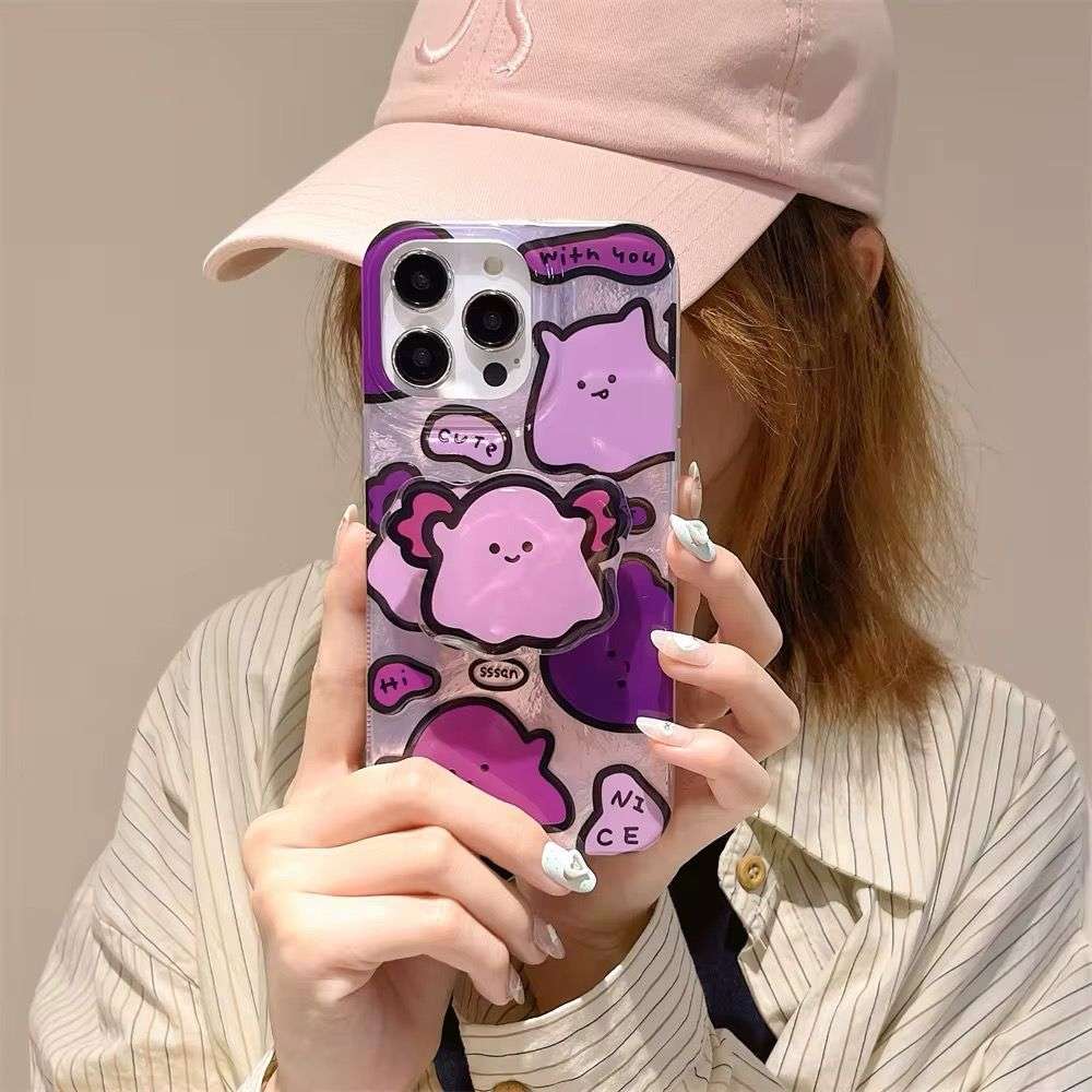 Cute Puppy Case with Bracket and Bling Charm iPhone Cases For 16 Pro Pro Max  PURPLE