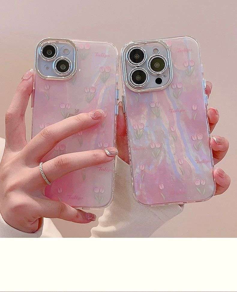 Pink Flower Lens Shimmer with Floral charm iPhone Cases For 15-16 Series Pink glitter