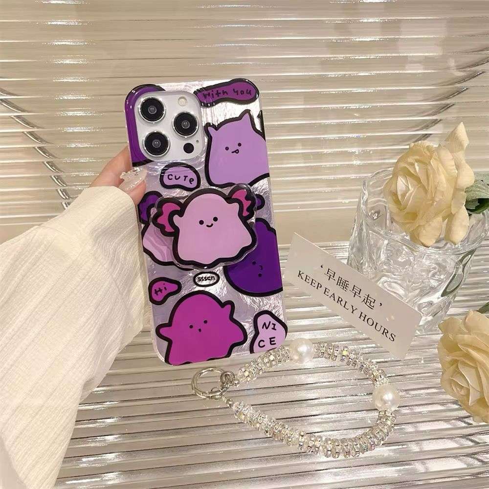 Cute Puppy Case with Bracket and Bling Charm iPhone Cases For 16 Pro Pro Max  PURPLE