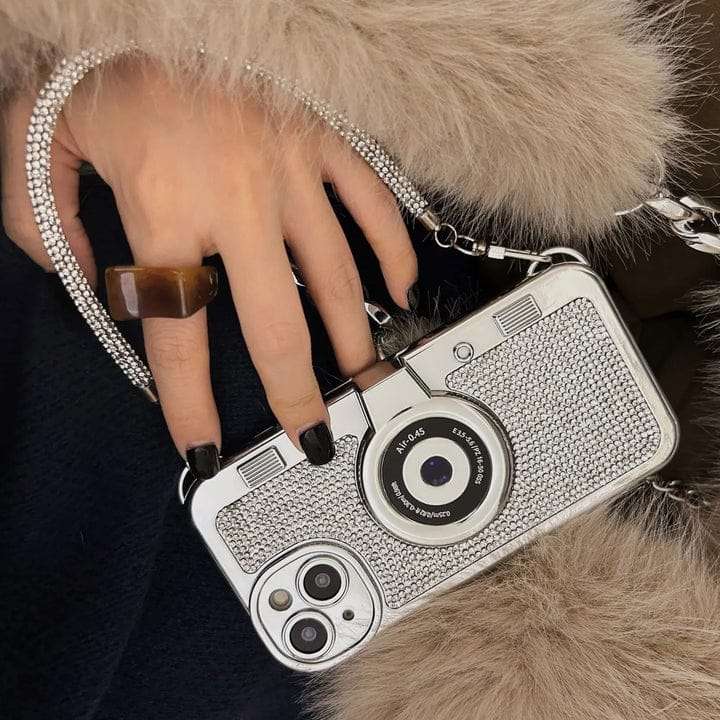3D Retro Camera Crystal Studded Diamond Handbag Bracelet iPhone Cases For 15 Pro Plus Pro max DIAMOND