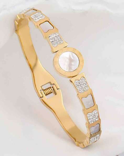 Stainless Steel Gold-Plated Pearl Studded Bangle-Style Bracelet GOLD