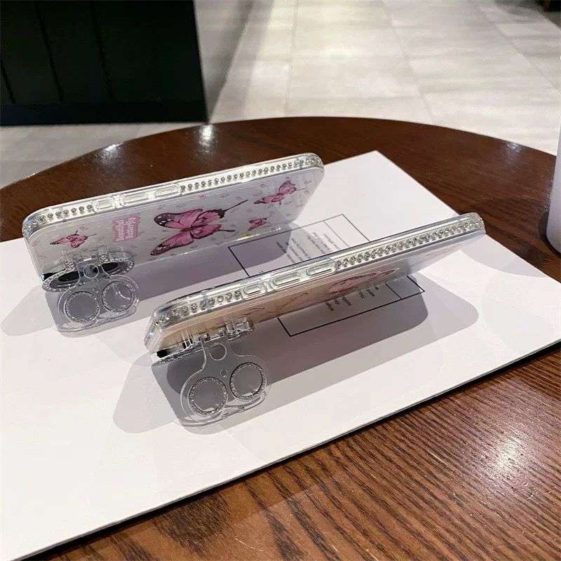 Premium Butterfly iPhone Cases With Diamond Stand For 16 15 14 Pro ProMax WHITE
