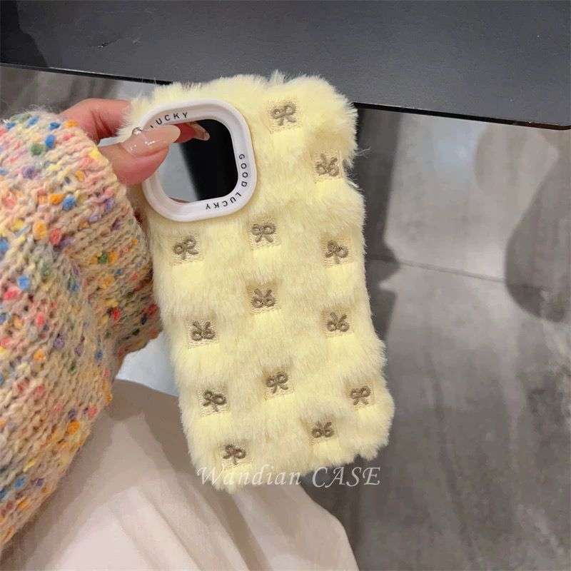 New Arrival Cute Bow Fur iPhone Case For 16 15 14 Pro ProMax YELLOW