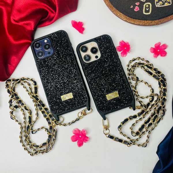 Luxury Glitter Stone With Chain iPhone Cases For 15 Pro Pro Max BLACK