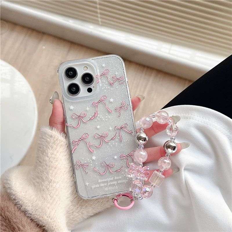 Premium Bow Case With Elegant Charms For iPhone Cases 16 15 14 Plus Pro Pro Max  TRANSPARENT PINK