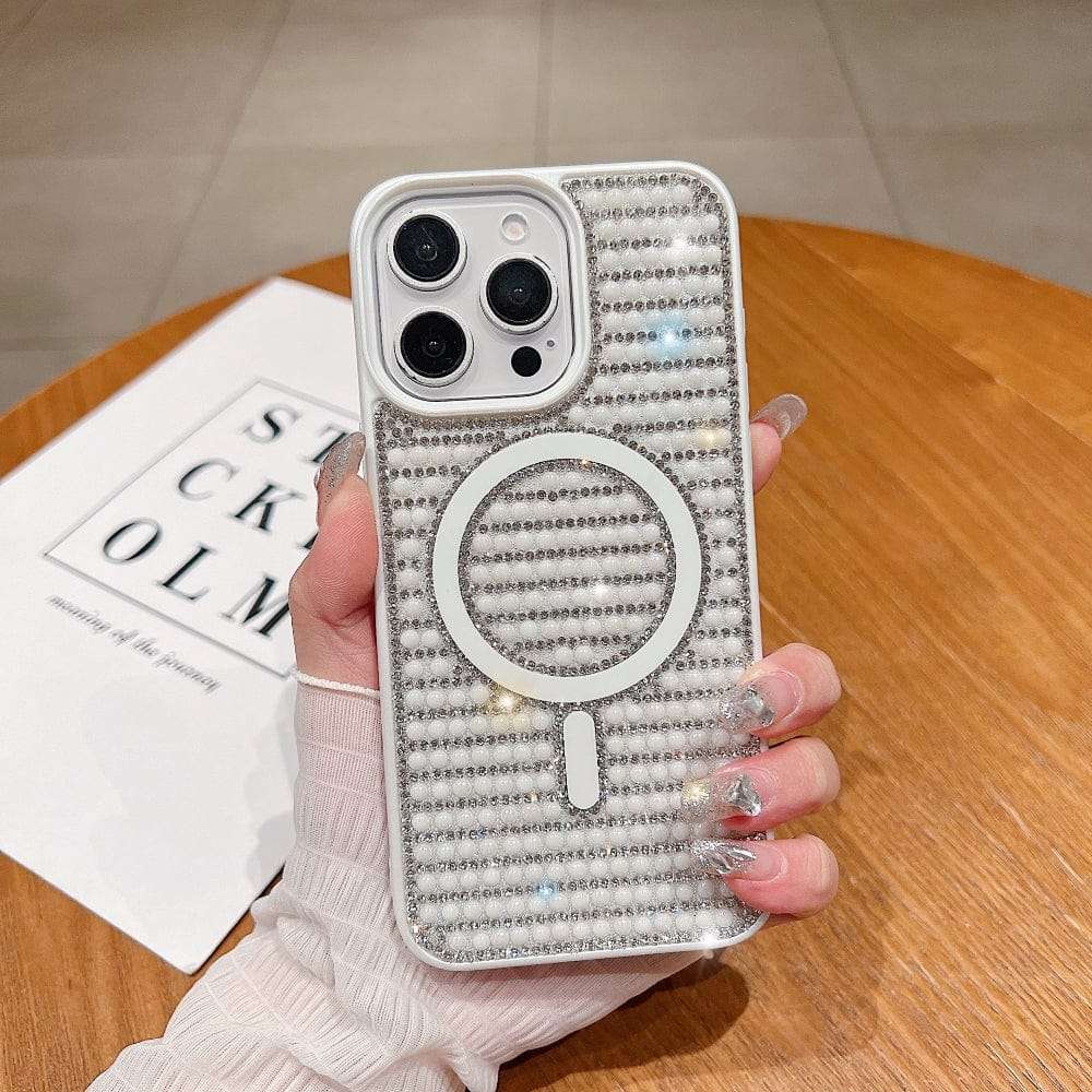 Shining Star and Pearl Diamond Magsafe iPhone Cases For 15 14 Plus Pro Pro Max SILVER