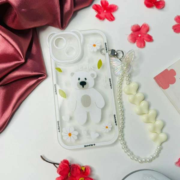 Clear White Teddy Print With Charm iPhone Cases For 13 14 15 Pro Pro Max  WHITE
