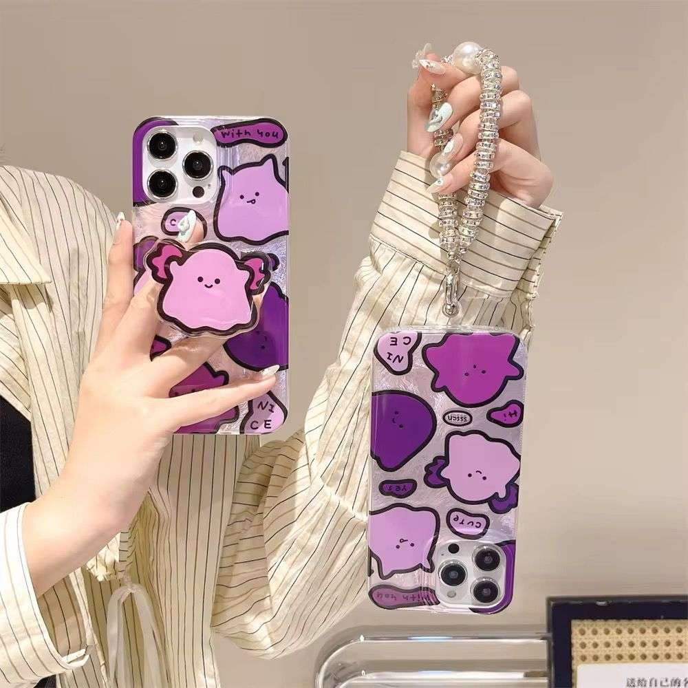 Cute Puppy Case with Bracket and Bling Charm iPhone Cases For 16 Pro Pro Max  PURPLE