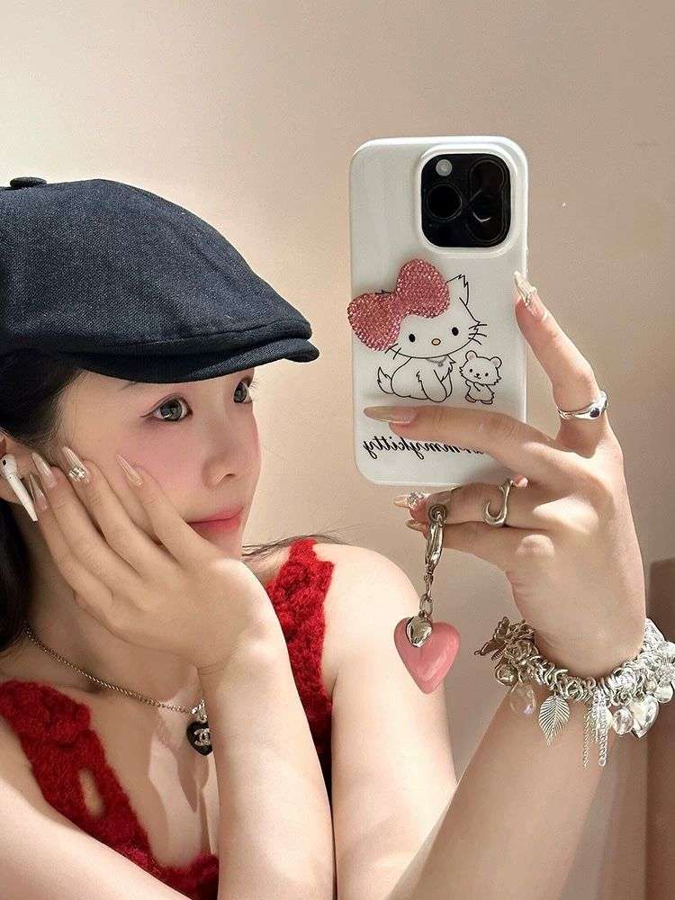 Hello Kitty Diamond Pink Bow iPhone cases with Heart Charm For 16 15 Pro ProMax WHITE