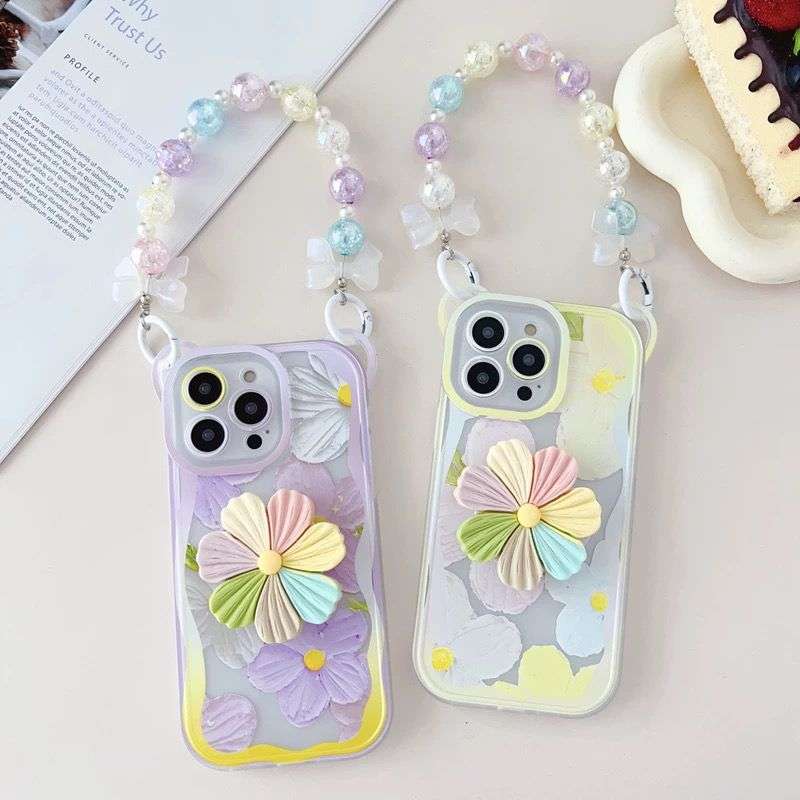 Floral Design Case with Bracelet and Diamond Chain iPhone Cases For 15 16 Pro Pro Max M1