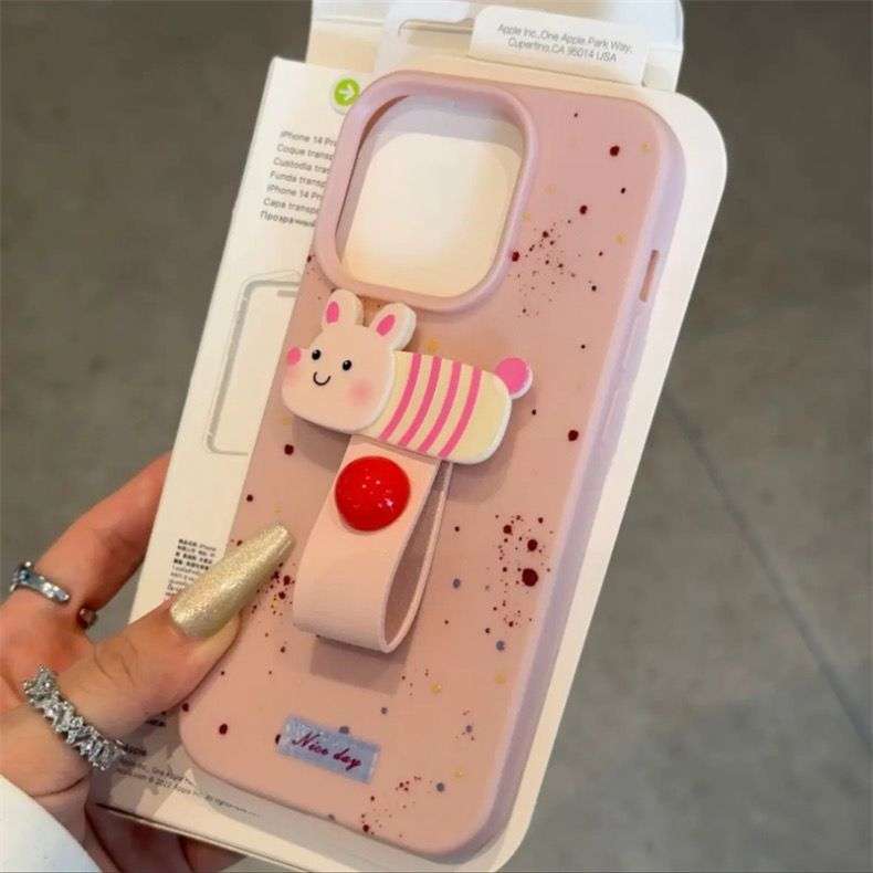 Korean Cute Leather Splash INK Animal Puppy iPhone Case for 16 15 Plus Pro ProMax PINK