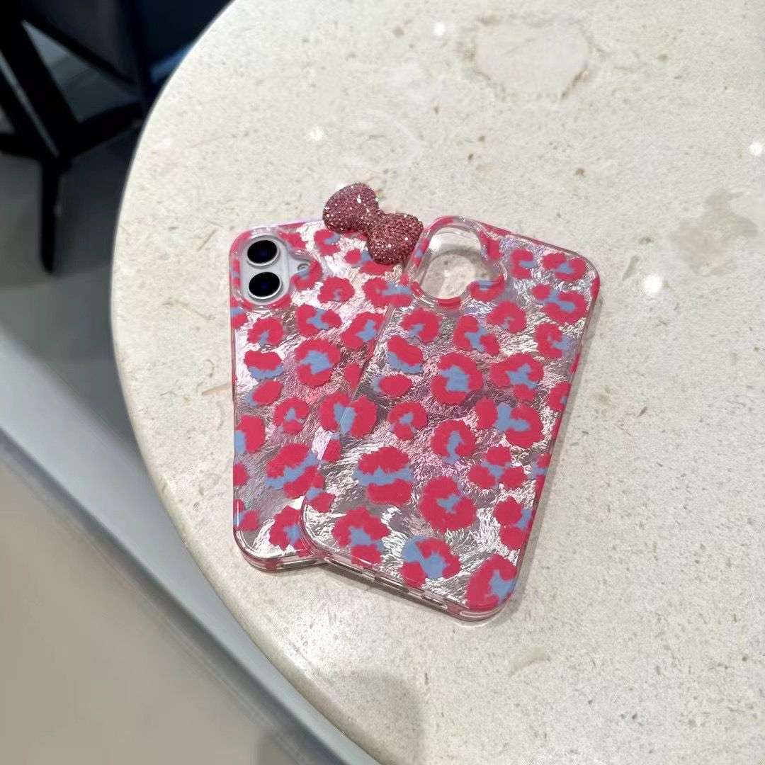 Pink Leopard Diamond Bow iPhone Cases For 16 15 Plus Pro Pro Max PINK