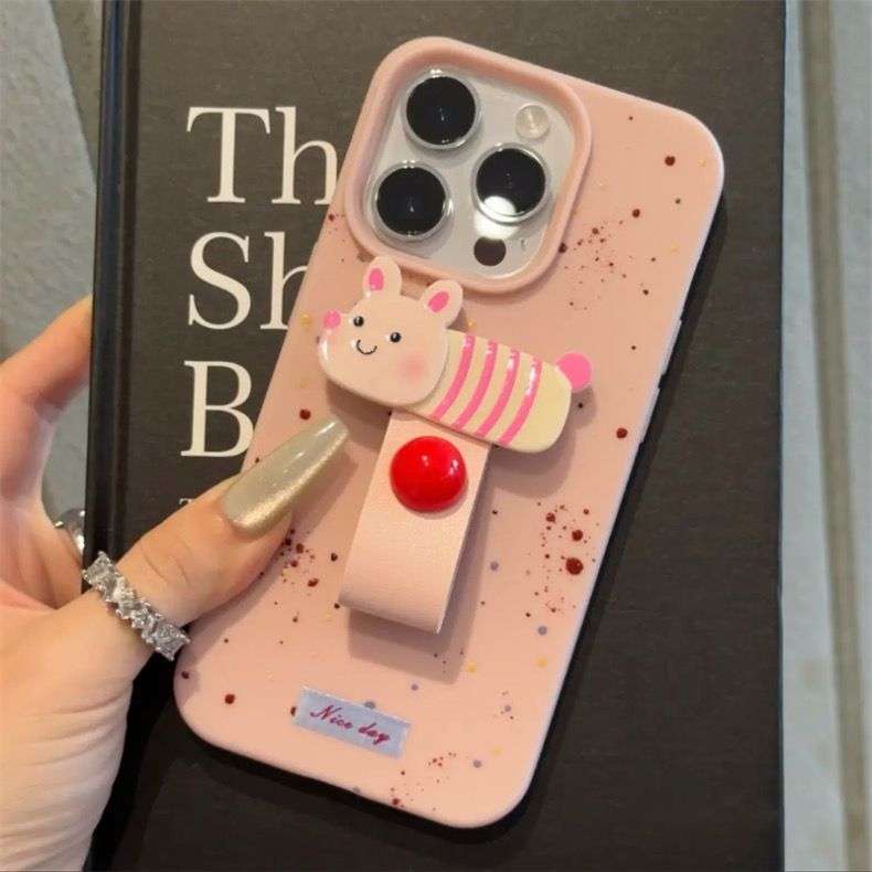 Korean Cute Leather Splash INK Animal Puppy iPhone Case for 16 15 Plus Pro ProMax PINK