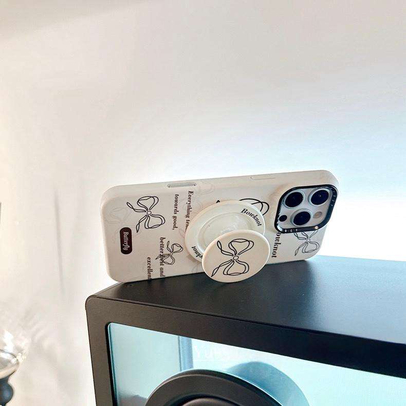 Premium White Bow Magnetic Case with Magnetic Bracket For 16 15 Pro ProMax WHITE