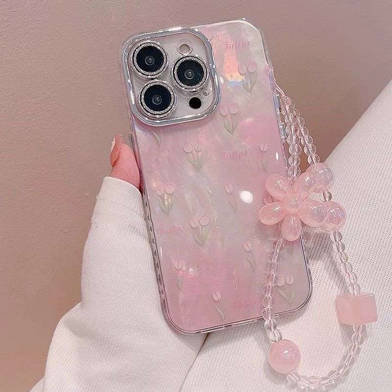 Pink Flower Lens Shimmer with Floral charm iPhone Cases For 15-16 Series Pink glitter