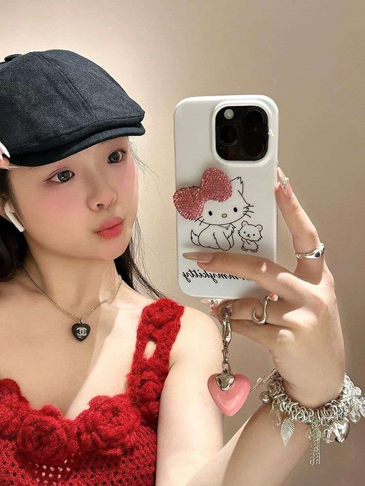 Hello Kitty Diamond Pink Bow iPhone cases with Heart Charm For 16 15 Pro ProMax WHITE