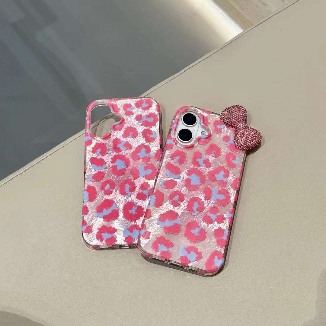 Pink Leopard Diamond Bow iPhone Cases For 16 15 Plus Pro Pro Max PINK
