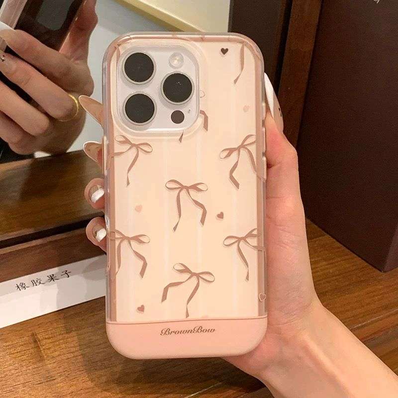 New Arrival Premium 2 In 1 Brown Bow iPhone Case For 16 15 14 Pro Pro Max PINK