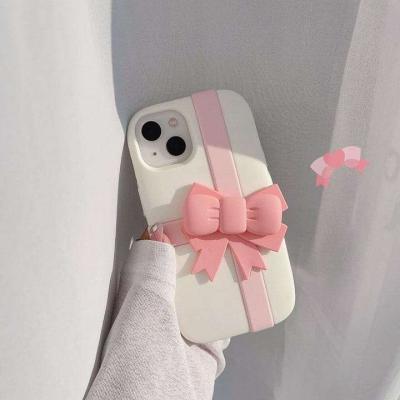 Cute Pink Bow 3D Silicone Rubber White iPhone Cases For 14 15 Pro Plus Pro Max