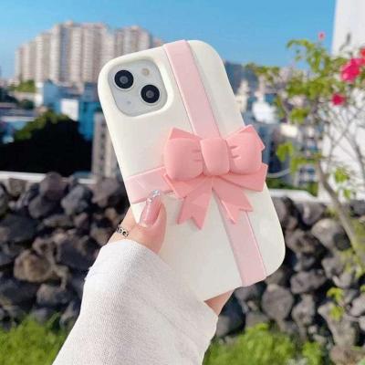 Cute Pink Bow 3D Silicone Rubber White iPhone Cases For 14 15 Pro Plus Pro Max