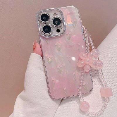 Pink Flower Lens Shimmer with Floral charm iPhone Cases For 15-16 Series